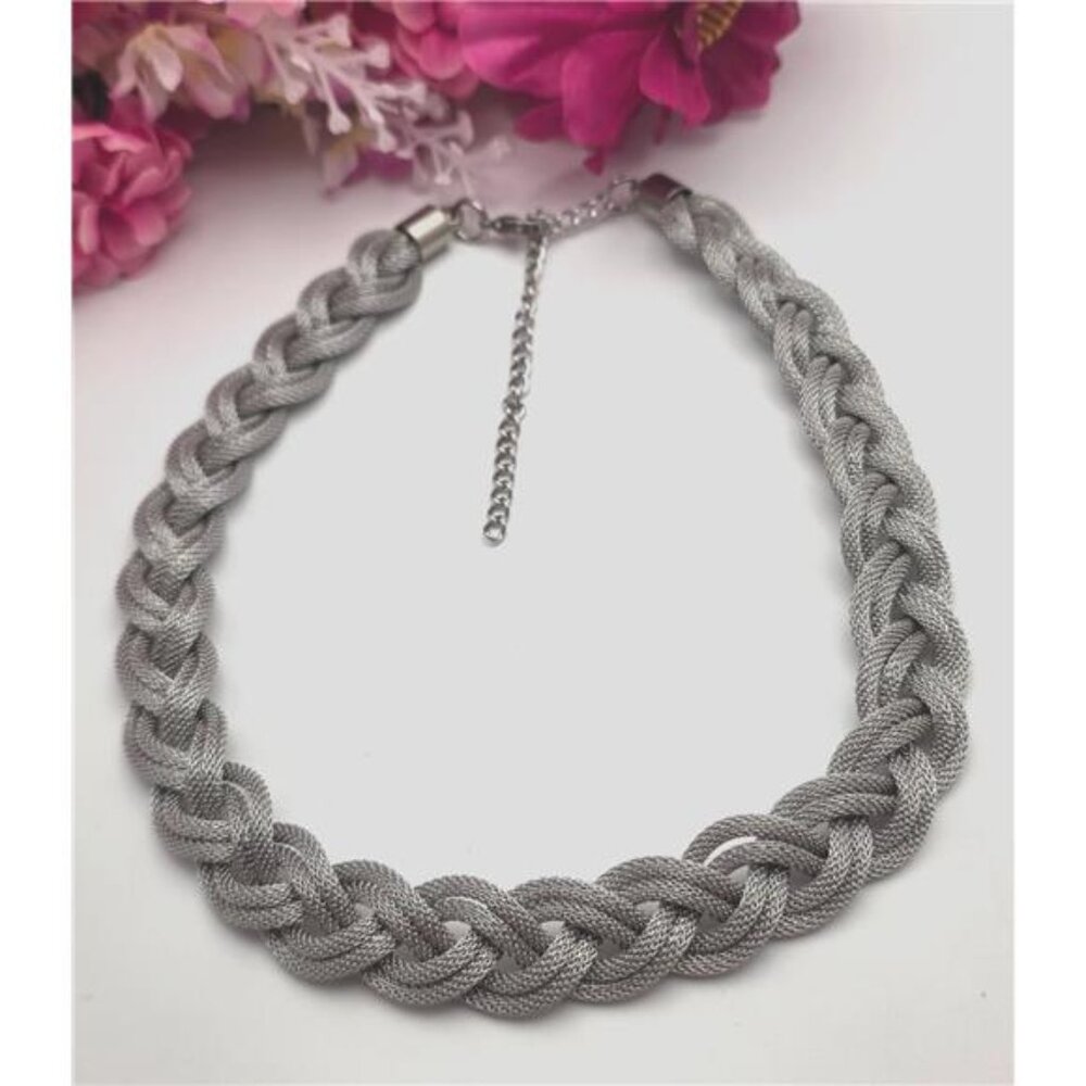 Silver Tone Mesh Braided Chain Necklace Chunky Collar Statement 21 in Adj